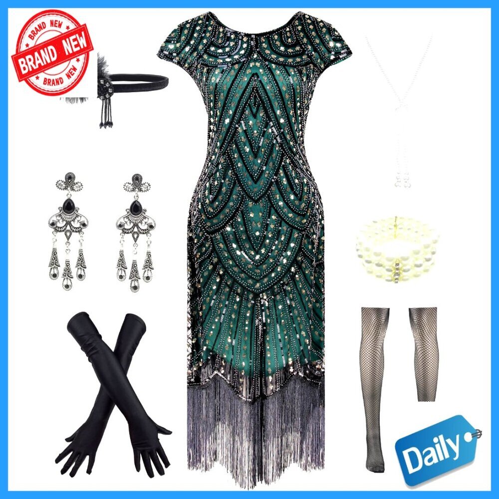 Vintage Lace Fringed 1920s Cocktail Dress with Accessories Set
